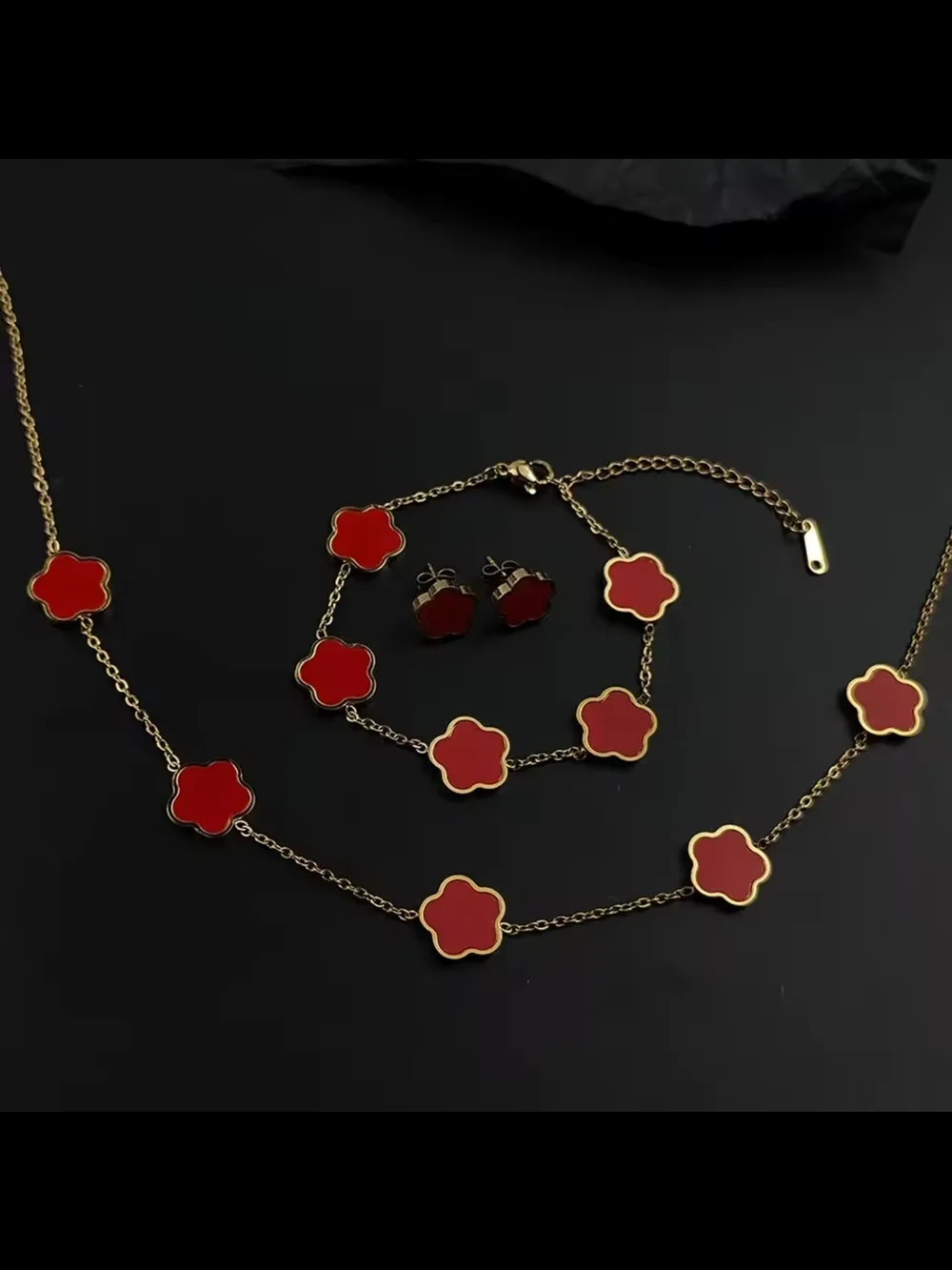 Gold-Tone Necklace Bracelet & Stud Set with Red Clover Motifs - Picture 2 of 3